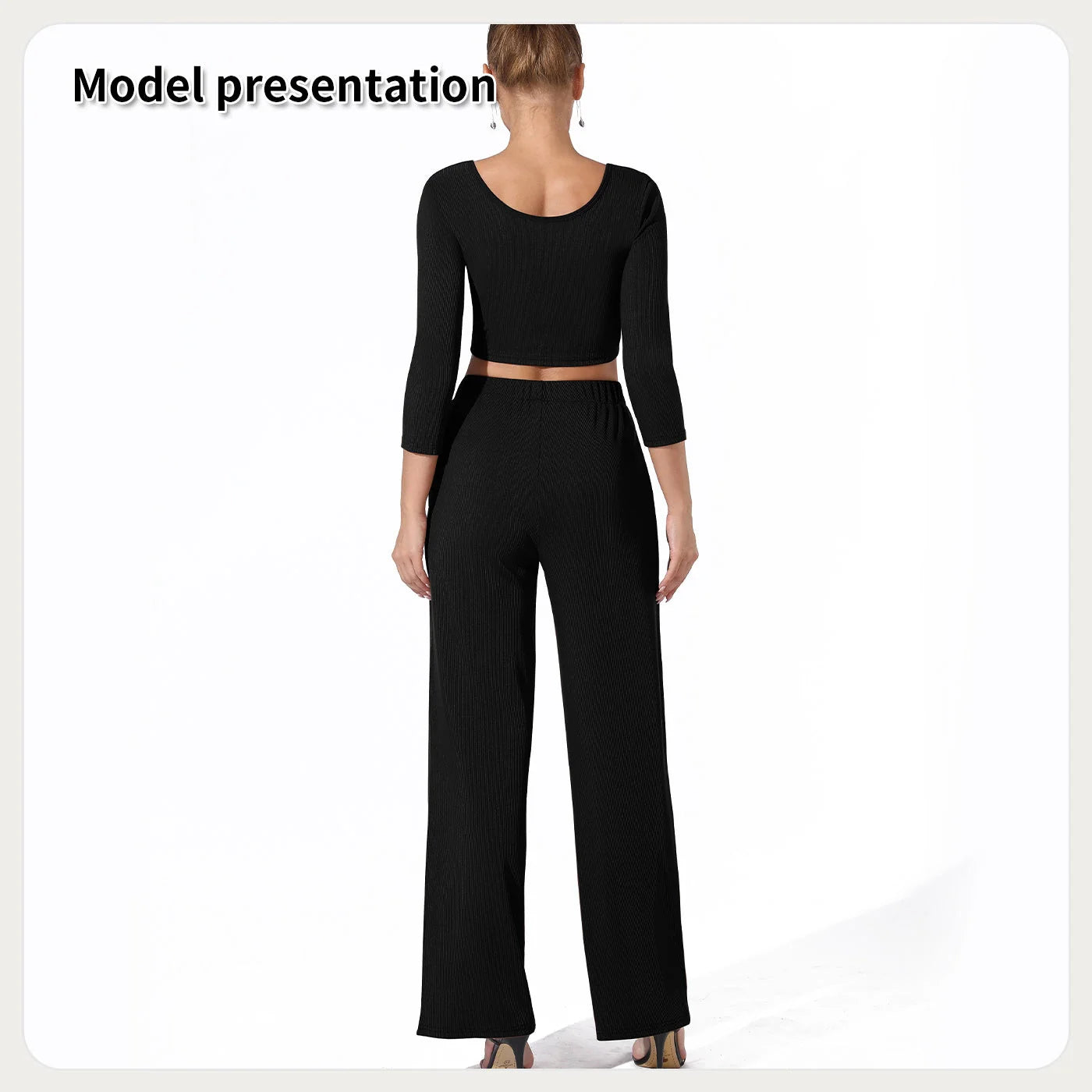 Women's solid colour top and pants set in black or coffee, perfect for versatile styling.