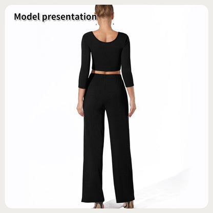 Women's solid colour top and pants set in black or coffee, perfect for versatile styling.