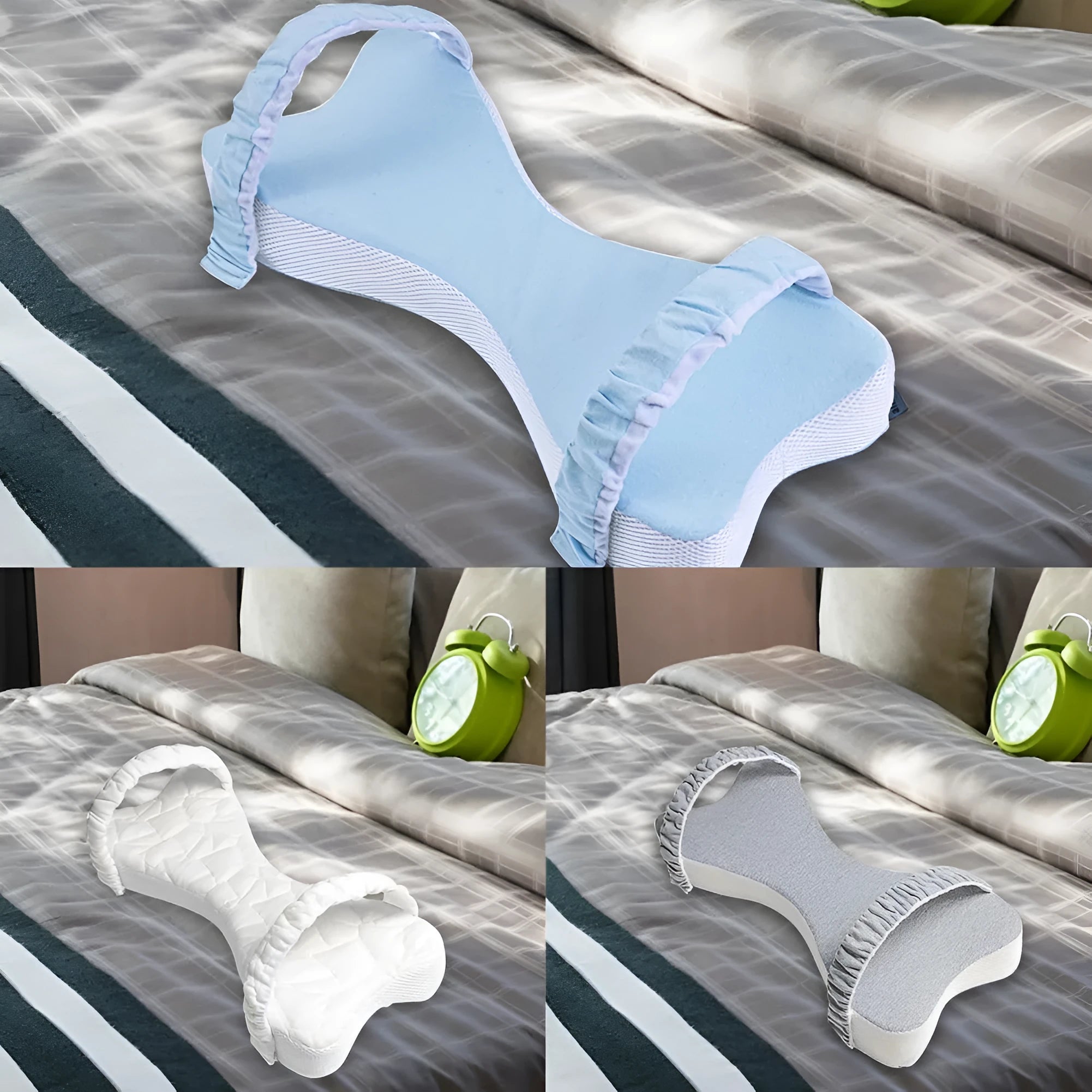 Memory cotton knee pillow in light blue on a bed, size 70x37x9cm for side sleeping support