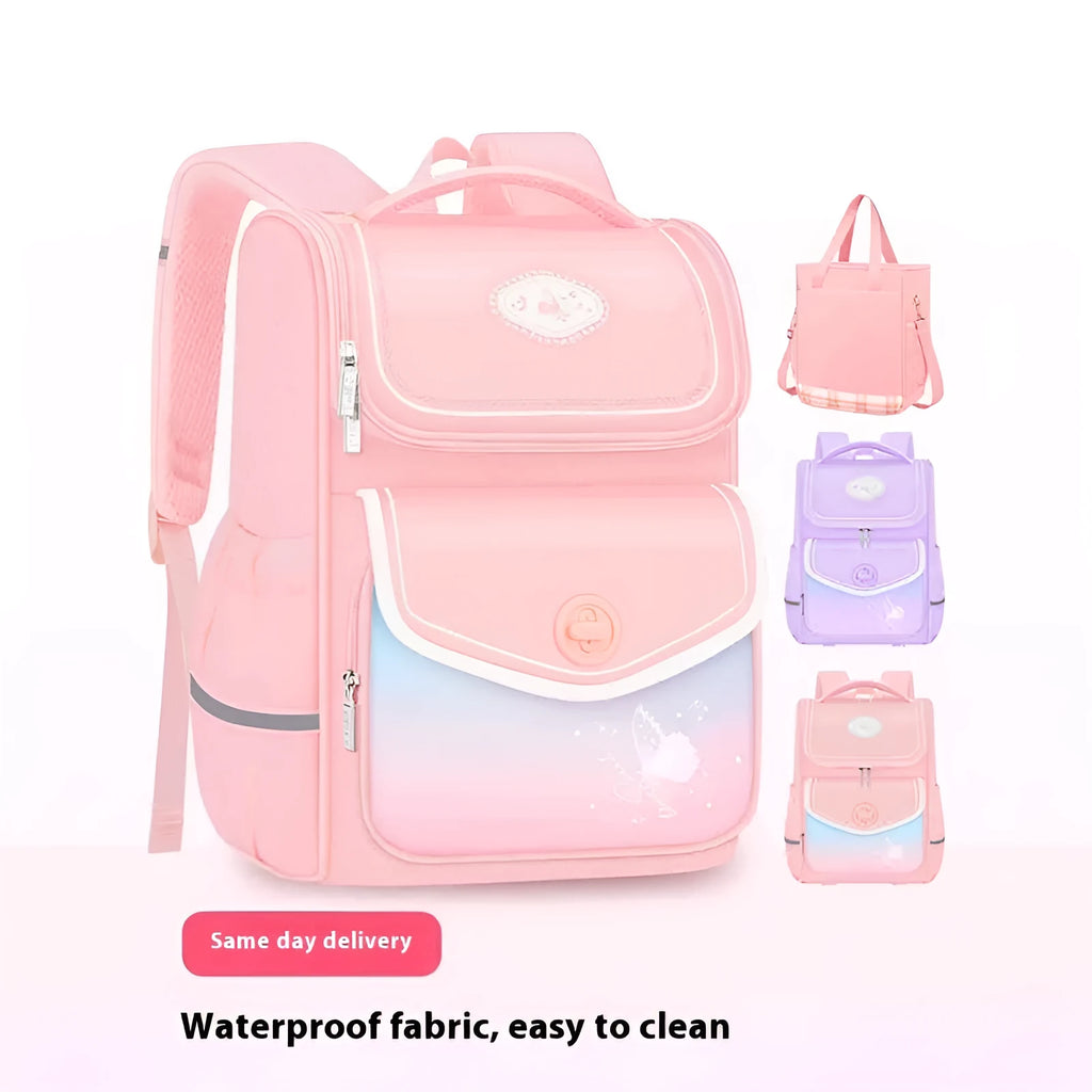 Girls' waterproof Oxford cloth schoolbag in pink, purple or green with burden alleviation design