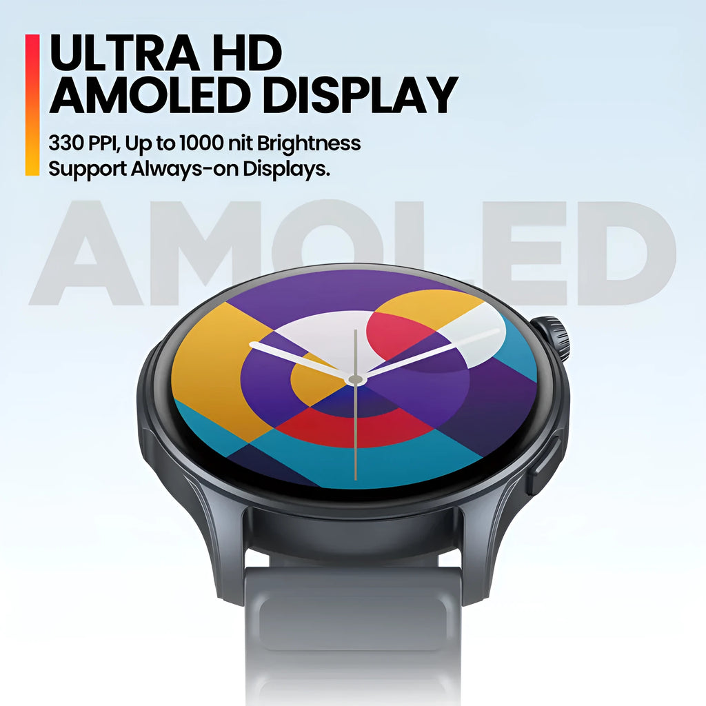 Btalk 3 Pro smart watch in blue on wrist showing AMOLED display with health stats