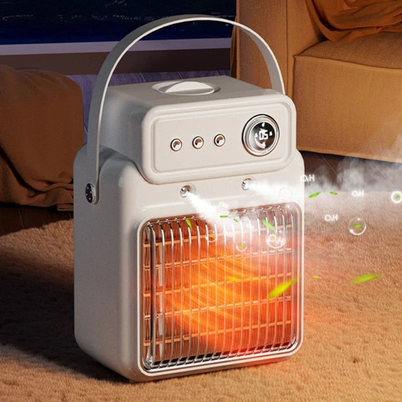 A modern, white electric heater and humidifier with a control panel and mist output