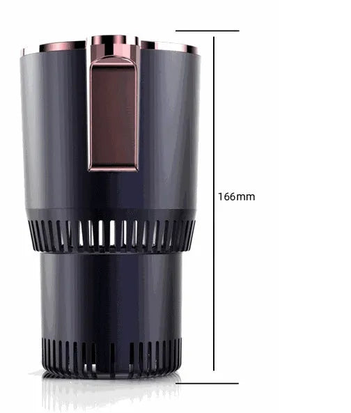 Black 2-in-1 car cup heater and cooler with digital display inserted in a vehicle cup holder.