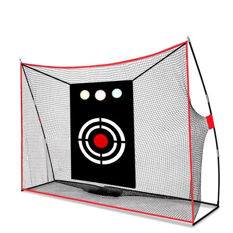 Golf wedge training set showing 3-hole cross net, straw practice mat, practice tees, and red and white golf balls