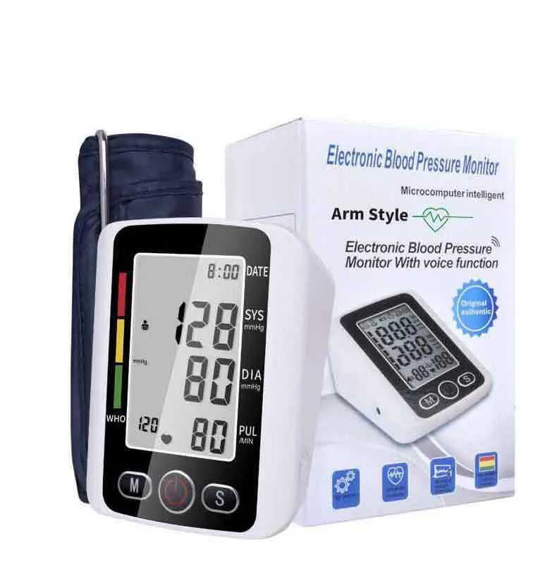 Automatic arm electronic blood pressure monitor with large screen on grey background.