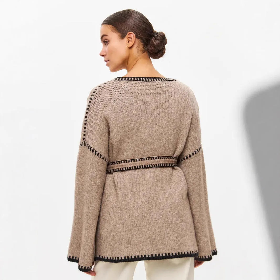 Loose lace-up knitted cardigan sweater coat in thick imitation cashmere fabric