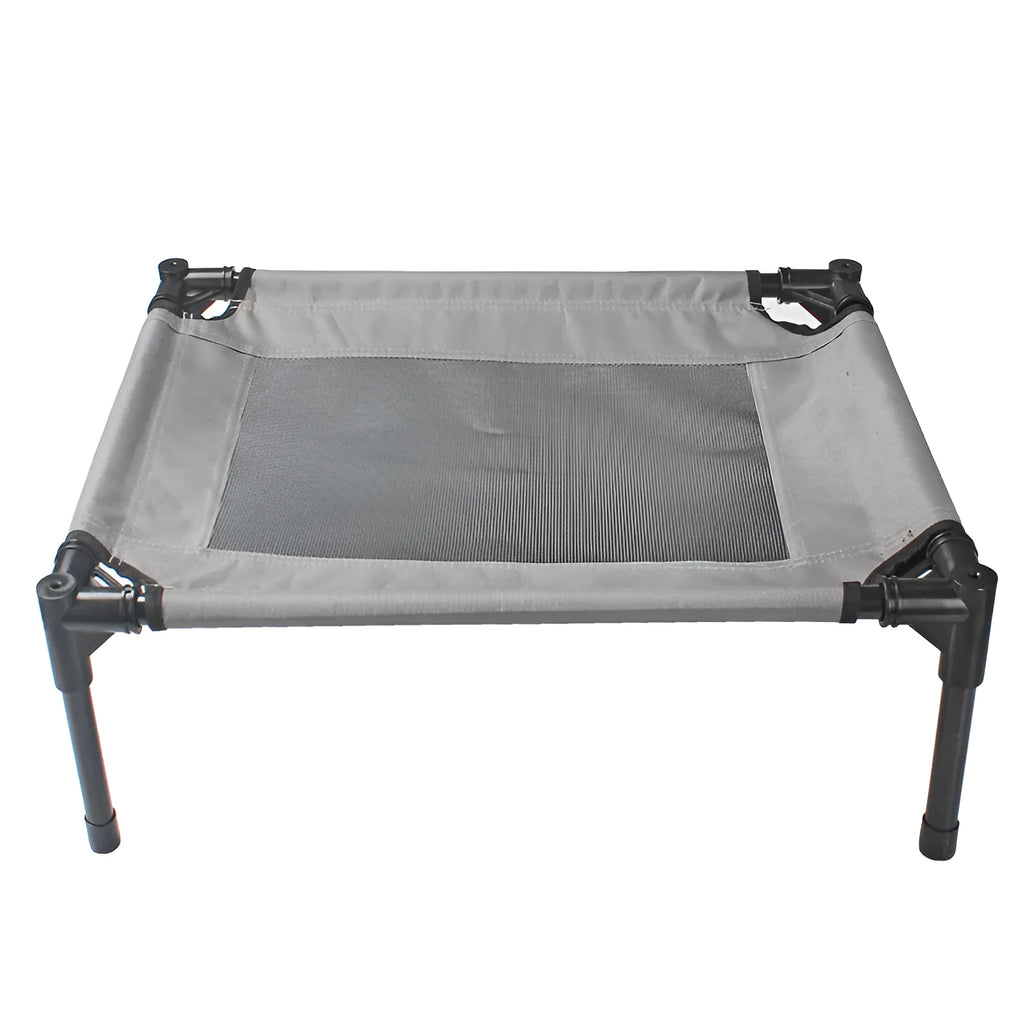 Black portable outdoor dog bed with steel frame and removable Oxford cloth cover, shown on grass.