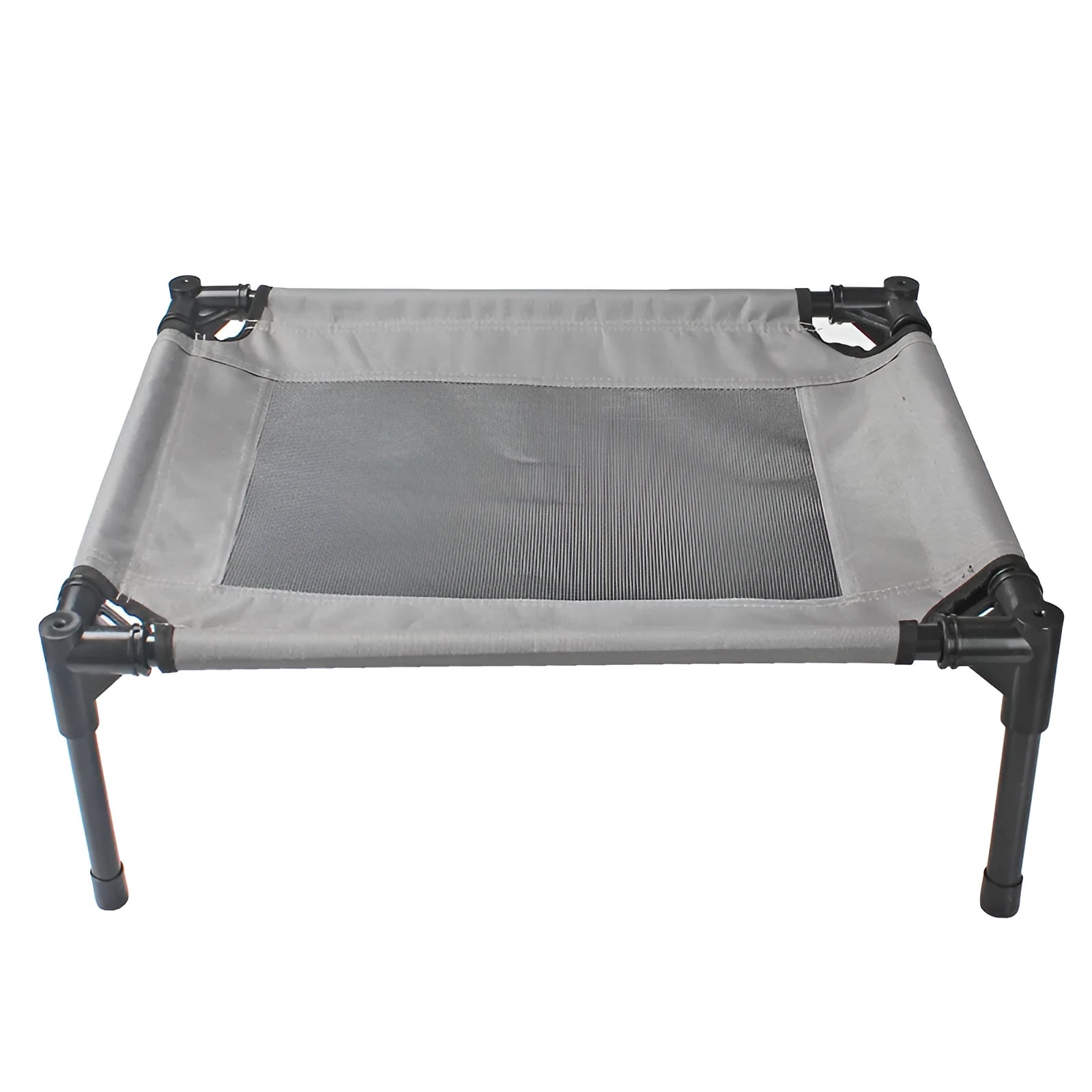 Black portable outdoor dog bed with steel frame and removable Oxford cloth cover, shown on grass.