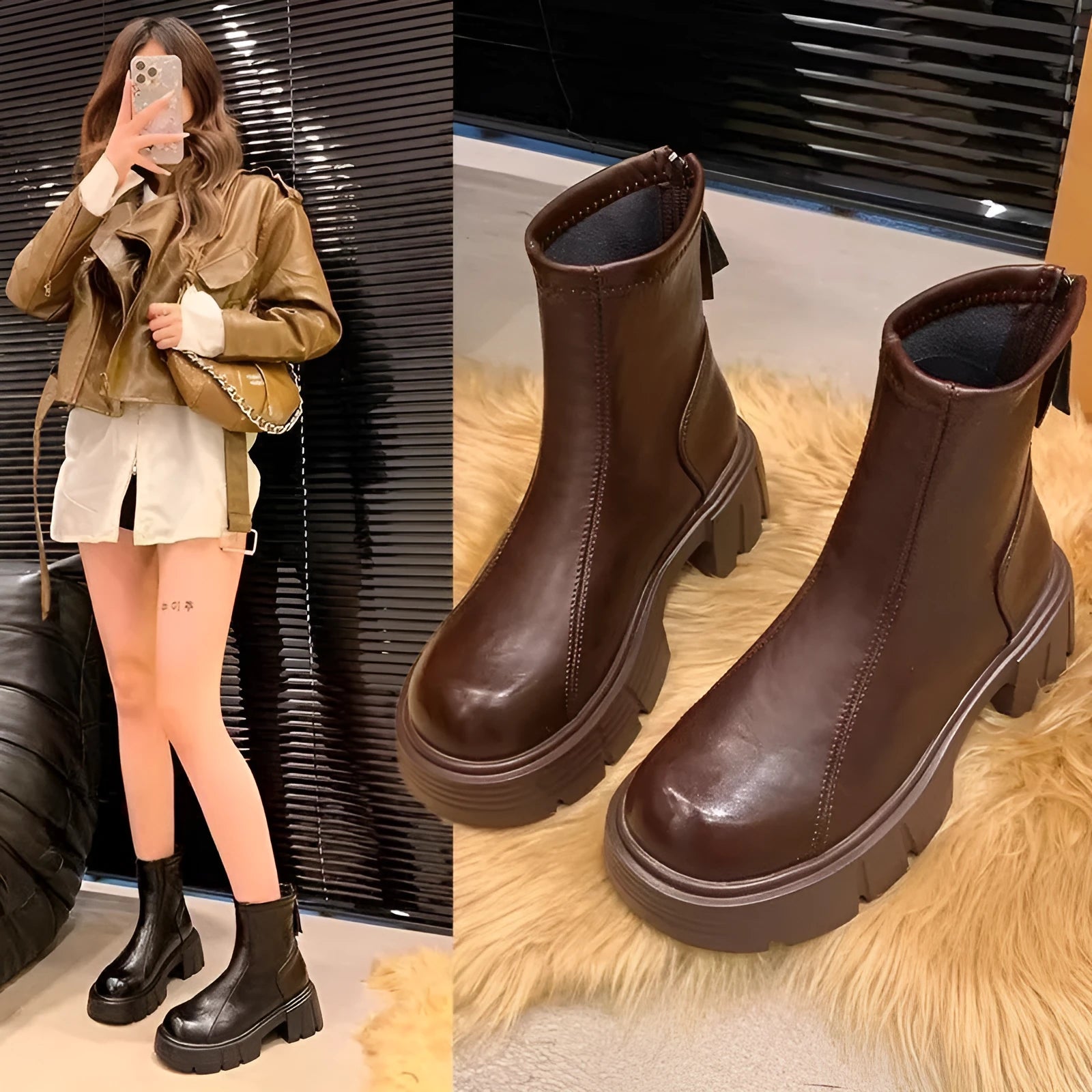 Women's soft bottom British style imitation leather skinny boots with square heel and back zipper, black, autumn winter
