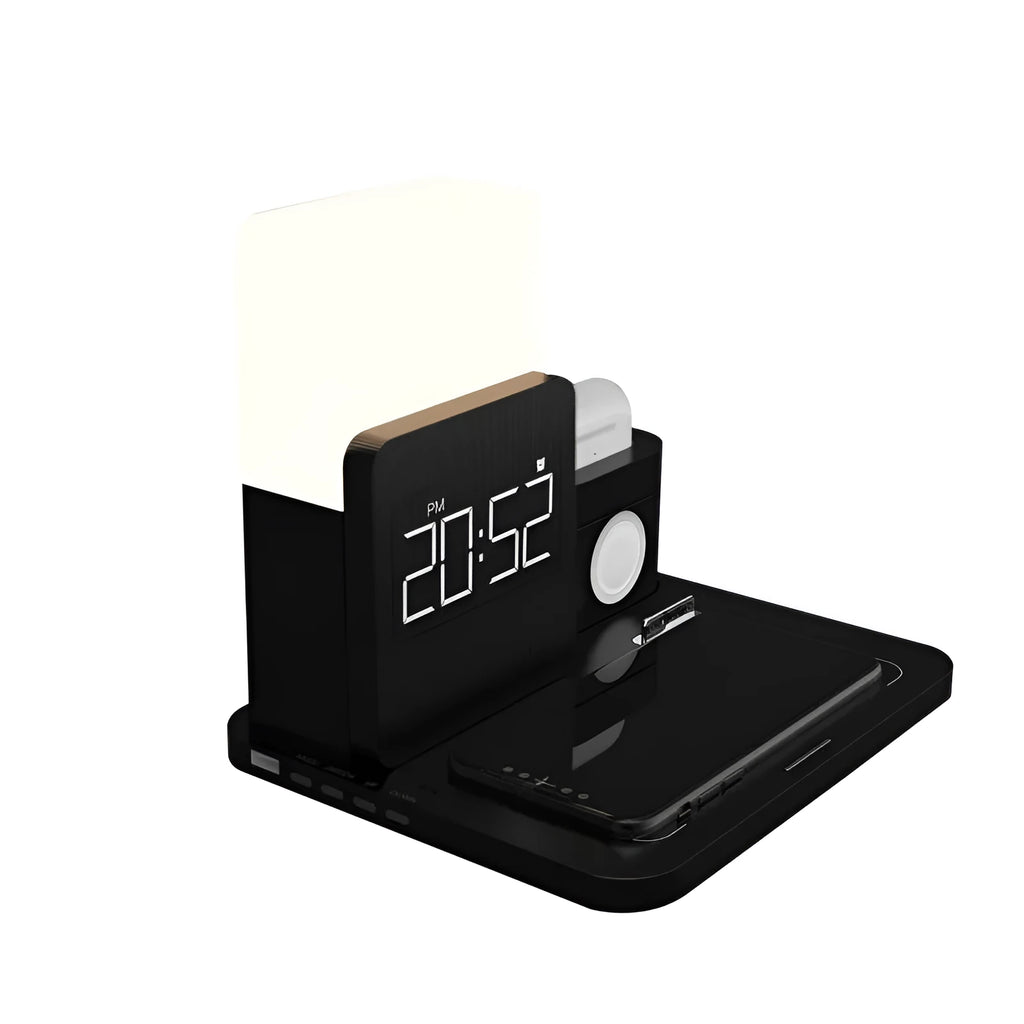 Three-in-one Qi wireless charging stand in black, dark green, or light green colour showing phone, earbuds, and smartwatch charging spots.