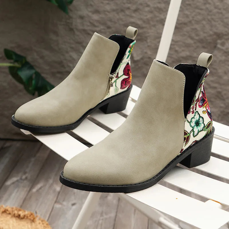 Flower printed ankle boots for women with chunky heel and side zipper, beige colour option