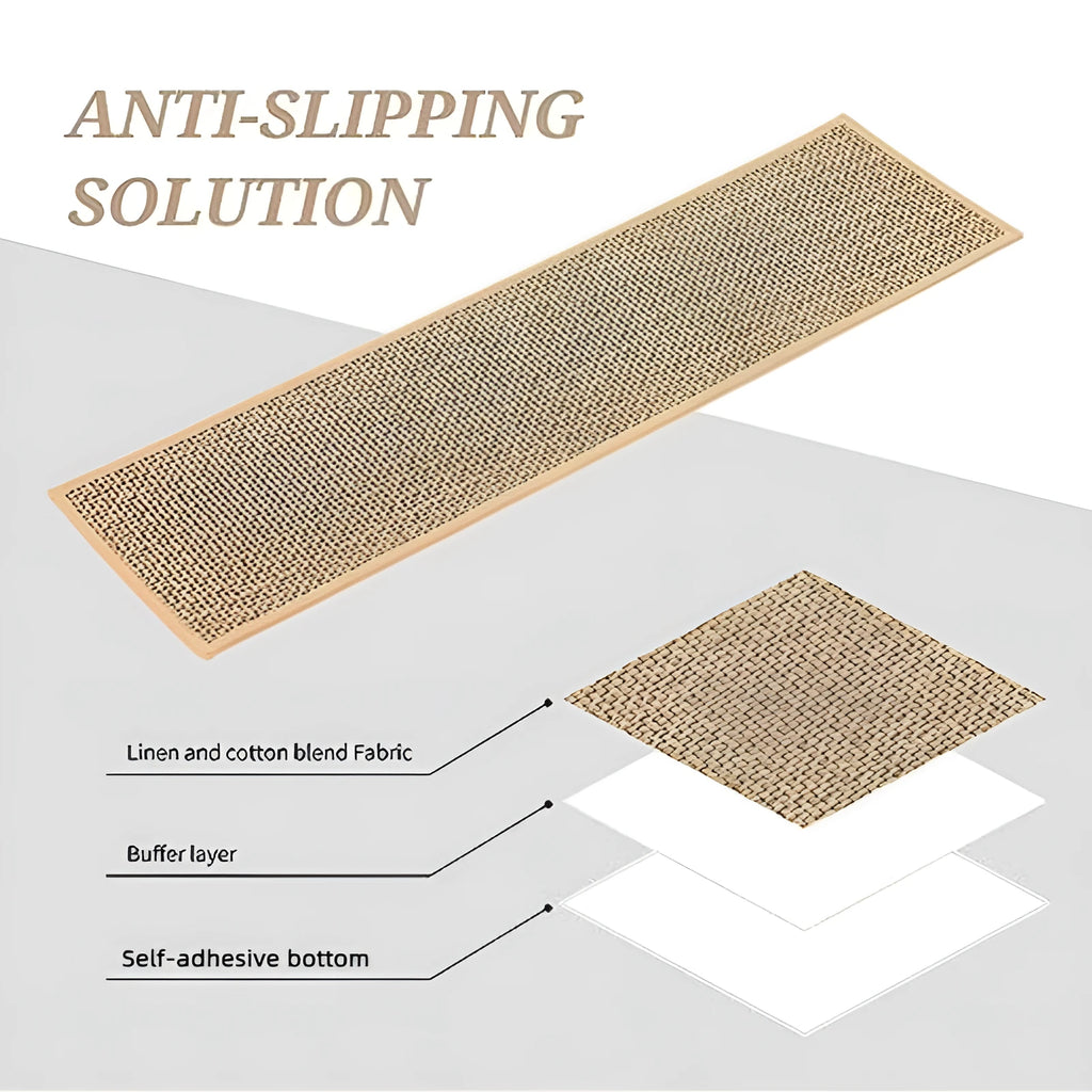 Japanese-style linen-look stair mat in camel colour with 20x76 cm dimensions on wooden steps