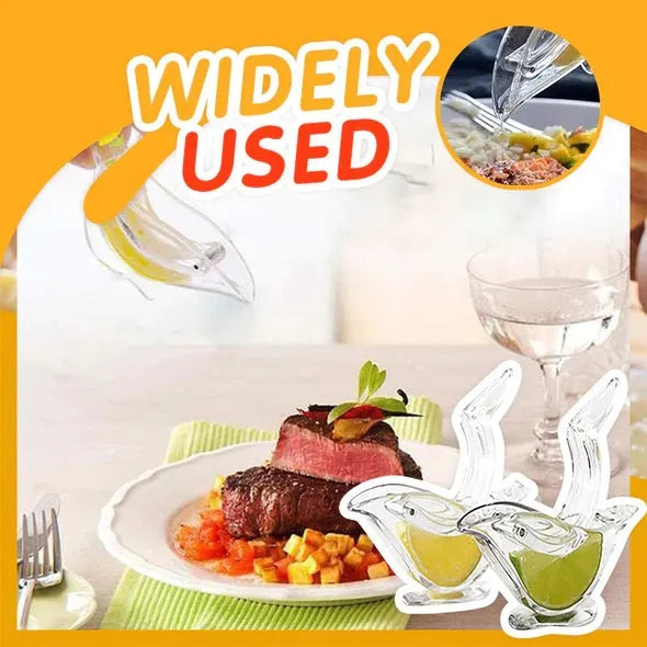 Transparent acrylic manual lemon juicer in the shape of a bird on a kitchen counter.