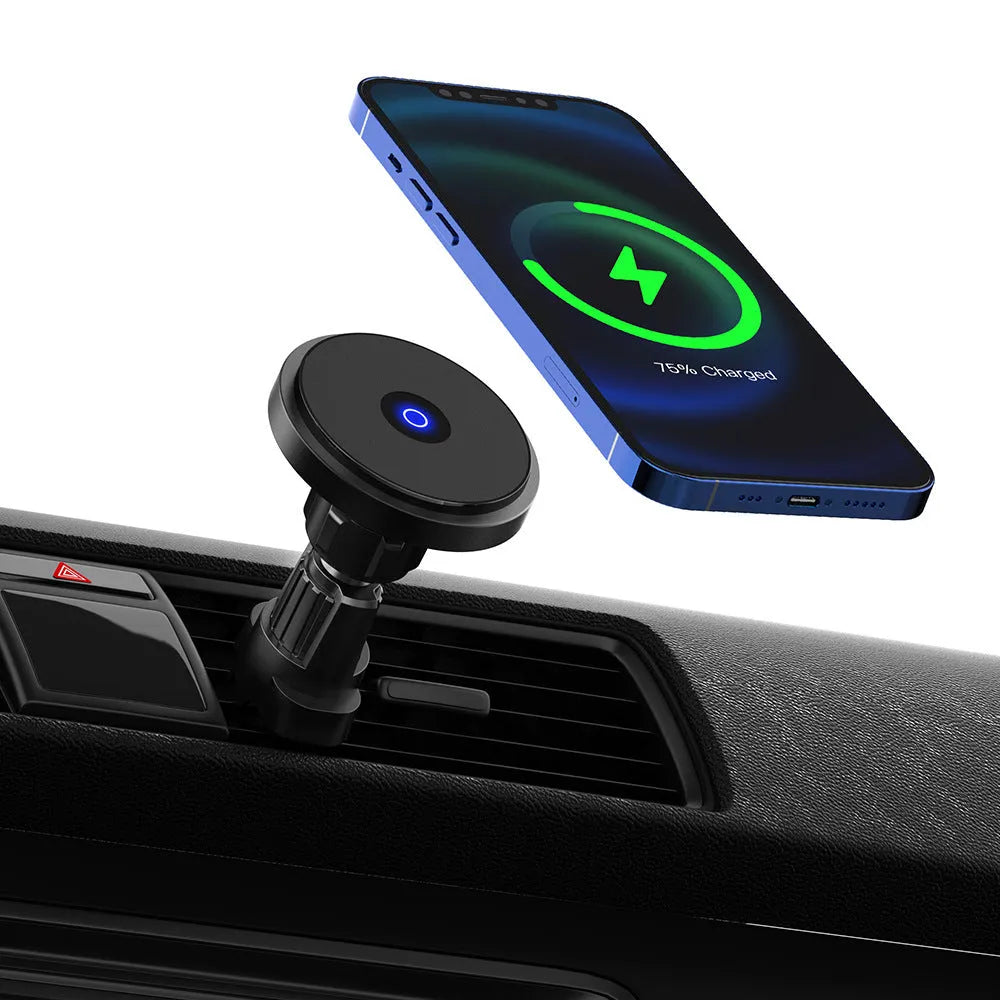 Aluminium alloy car wireless charger with magnetic bracket mounted to air vent
