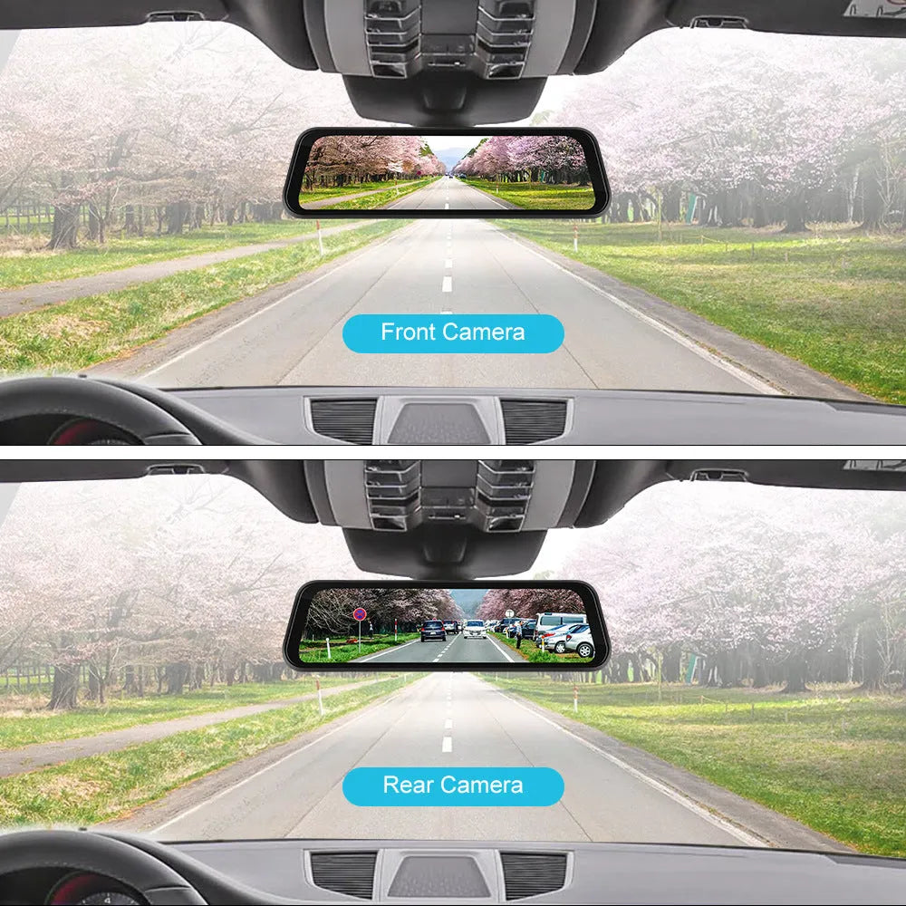 9.66-inch HD in-mirror car dash cam and video player with reverse camera and mounting brackets