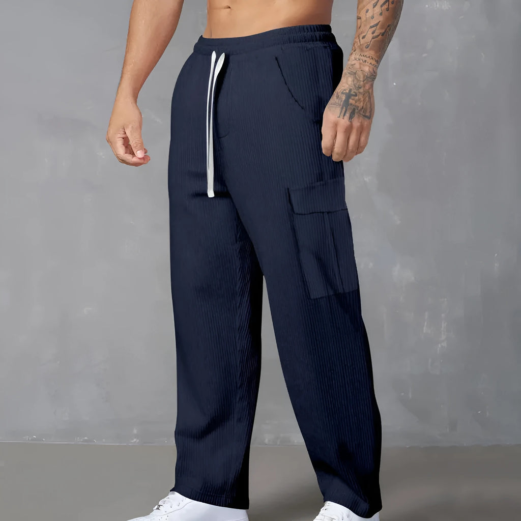 Men's straight-leg corduroy cargo trousers with elastic drawstring waist in multiple colour options