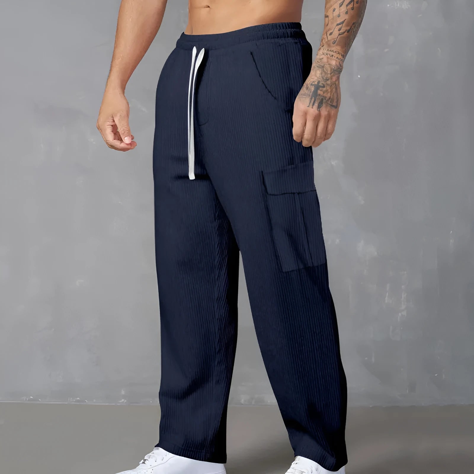 Men's straight-leg corduroy cargo trousers with elastic drawstring waist in multiple colour options