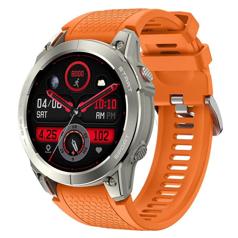 Black or orange GPS sports smart watch with 1.43 inch touch screen showing health metrics