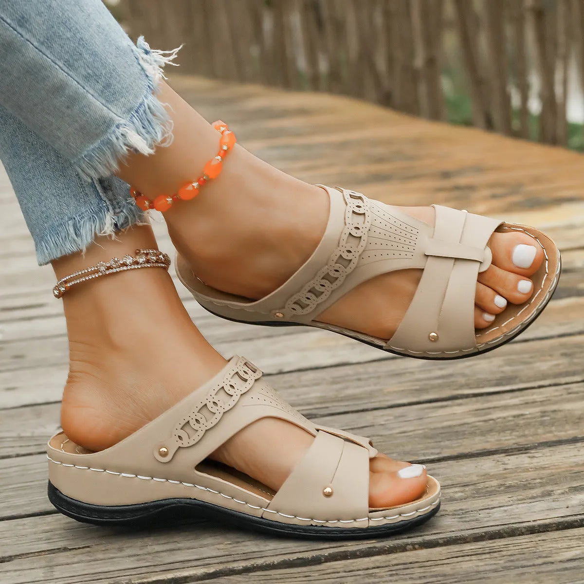Roman style slope heel slippers with fish mouth toe holder in six colour options