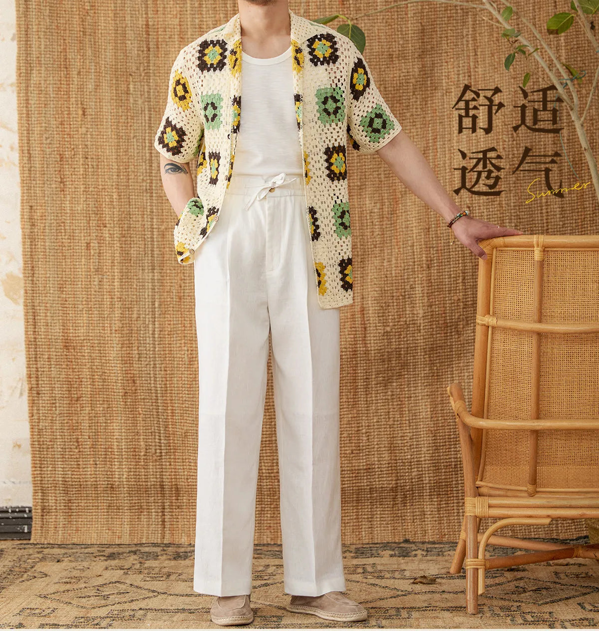 Linen high waist trousers with elasticated lace waistband in straight-leg cut