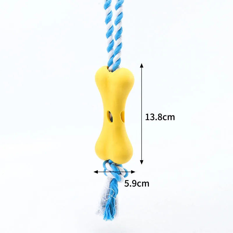 Green knotted rope bone dog toy with porous texture for holding beef strips and cheese treats