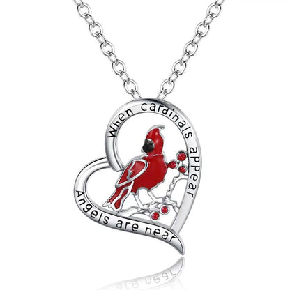 Heart shaped cardinal pendant necklace with silver water wave chain