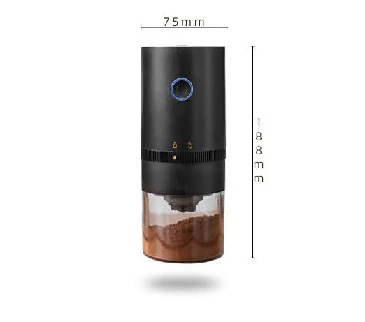 Portable electric coffee grinder with USB-C charging, adjustable grind settings, and dishwasher-safe removable bins