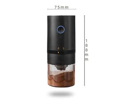 Portable electric coffee grinder with USB-C charging, adjustable grind settings, and dishwasher-safe removable bins