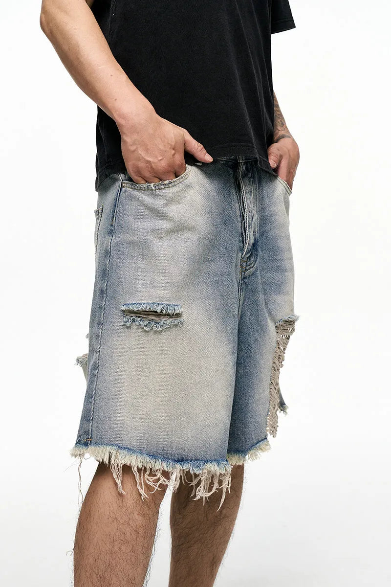 Men's light blue retro washed denim shorts with a baggy wide-leg fit on a mid-rise waist.