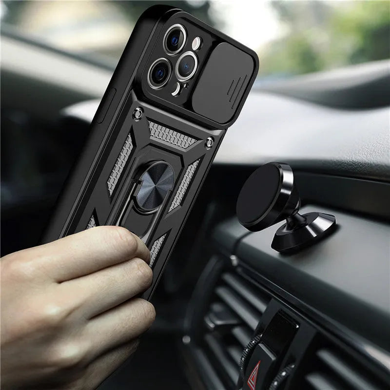 Sergeant sliding window mobile phone case with magnetic bracket in blue, shown on an iPhone.