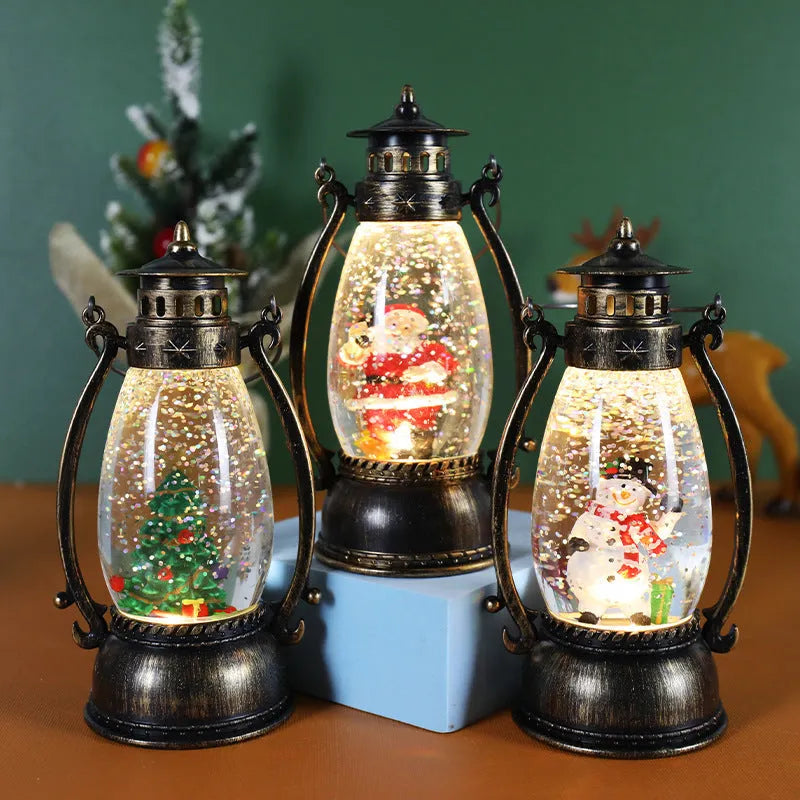 Plastic crystal ball LED oil lamp Christmas ornament with snowman or elderly design on desktop.