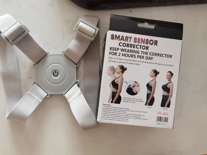 Grey adjustable posture corrector belt for kids and adults, 210g weight with real-time hunchback assessment straps