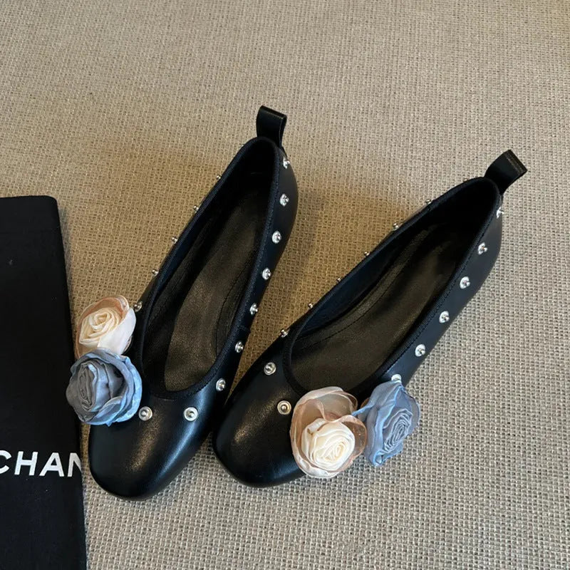 Sheepskin DIY Mary Jane shoes with buckle, flat rubber sole, in silver, black, or green for adding flower rivets.