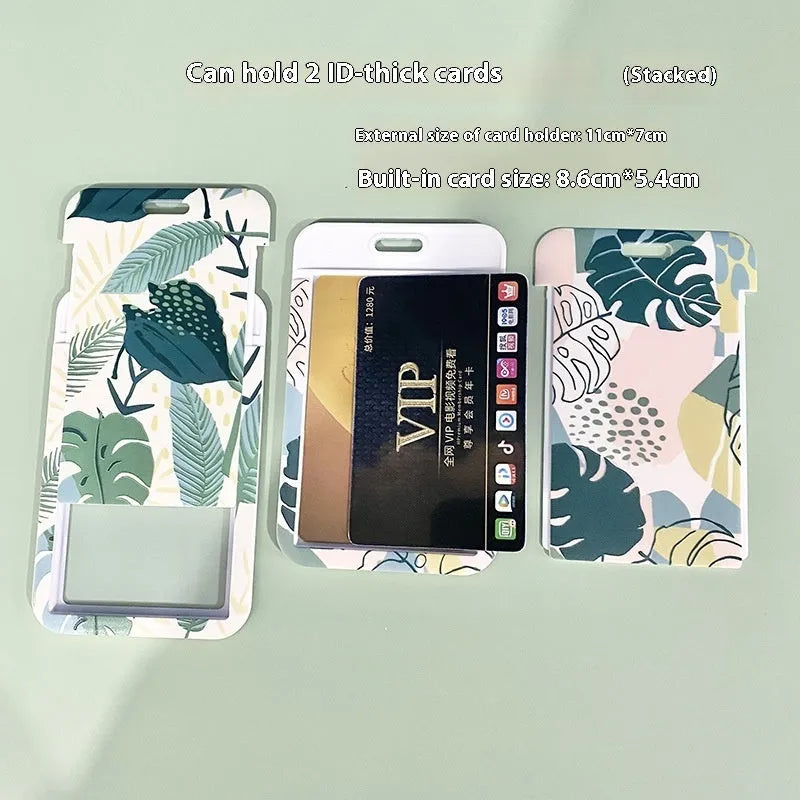 Plastic card cover with green plant diamond grid long lanyard and Monstera deliciosa motif on modern simple background