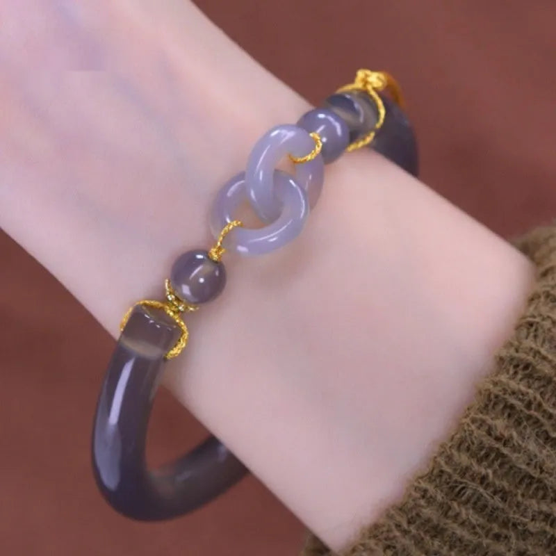 Smoke purple agate half bracelet with ring buckle adjustment in retro grey style