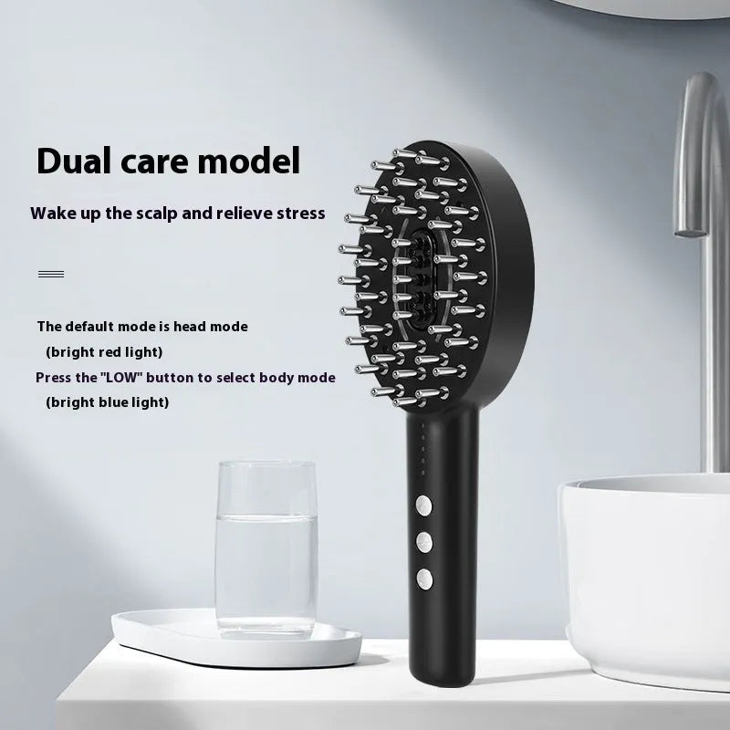 KD3802 Black coloured handheld scalp massager with vibration function and USB charging cable.