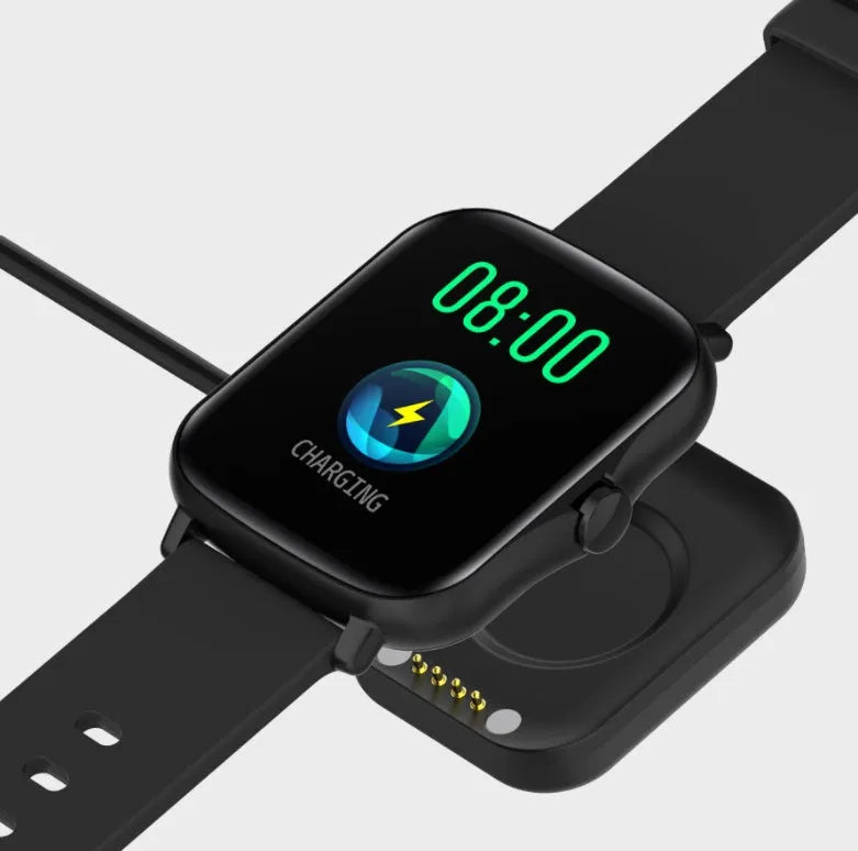 Black smart watch with 1.7-inch colour touch screen on an adjustable strap, showing Bluetooth call and fitness tracking interface.