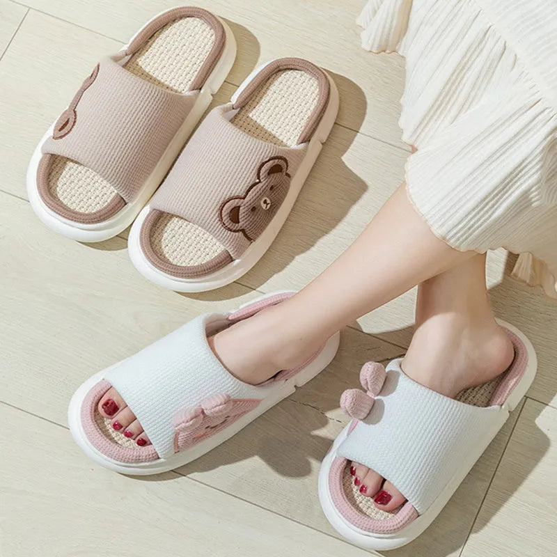 Cute rabbit slippers flip-flops for women and couples with stereoscopic rabbit design, fabric upper, PVC sole, in pink colour