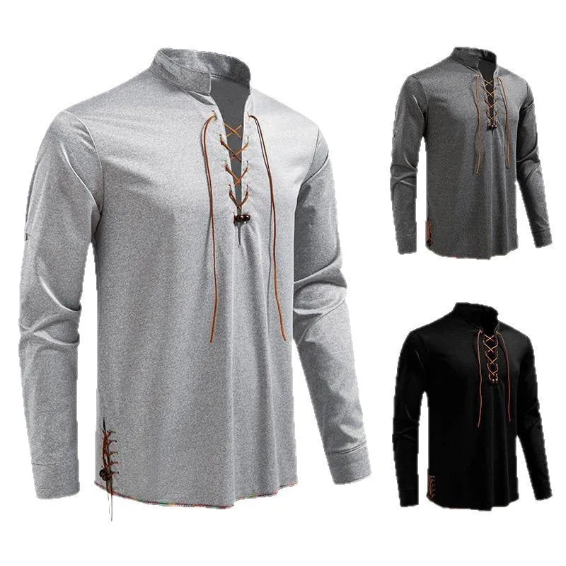 Men's drawstring stand-up collar long sleeve T-shirt in black, slim fit pullover style