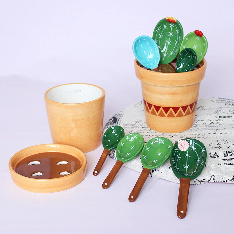 Ceramic measuring spoon set with cactus-inspired base in vibrant colors, perfect for baking and cooking