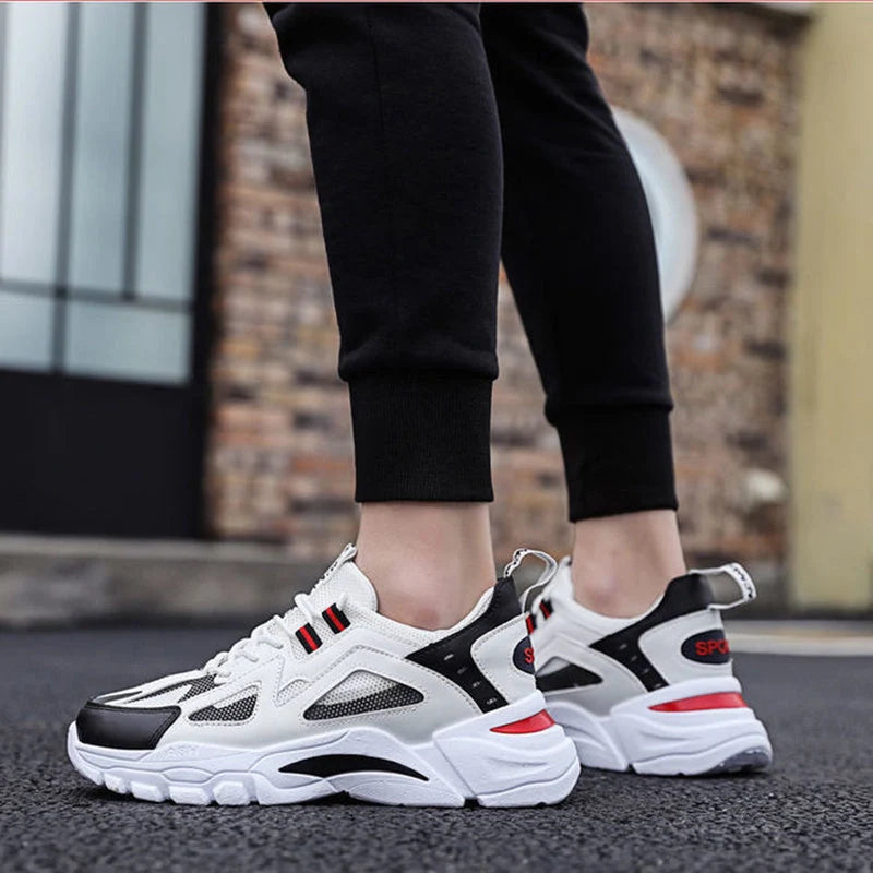Men's white non-slip sneakers for walking and running, available in black, black red, and white blue