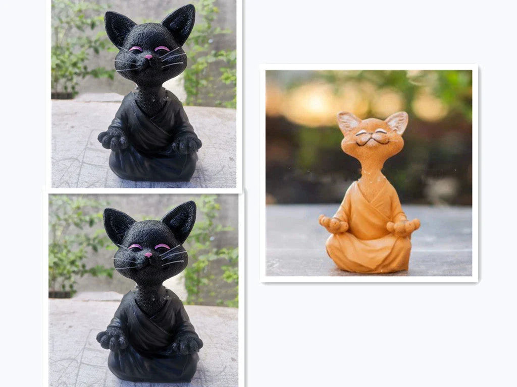 Charming ceramic Buddha cat figurine in black, grey, and orange colors for meditation, yoga, and home decor