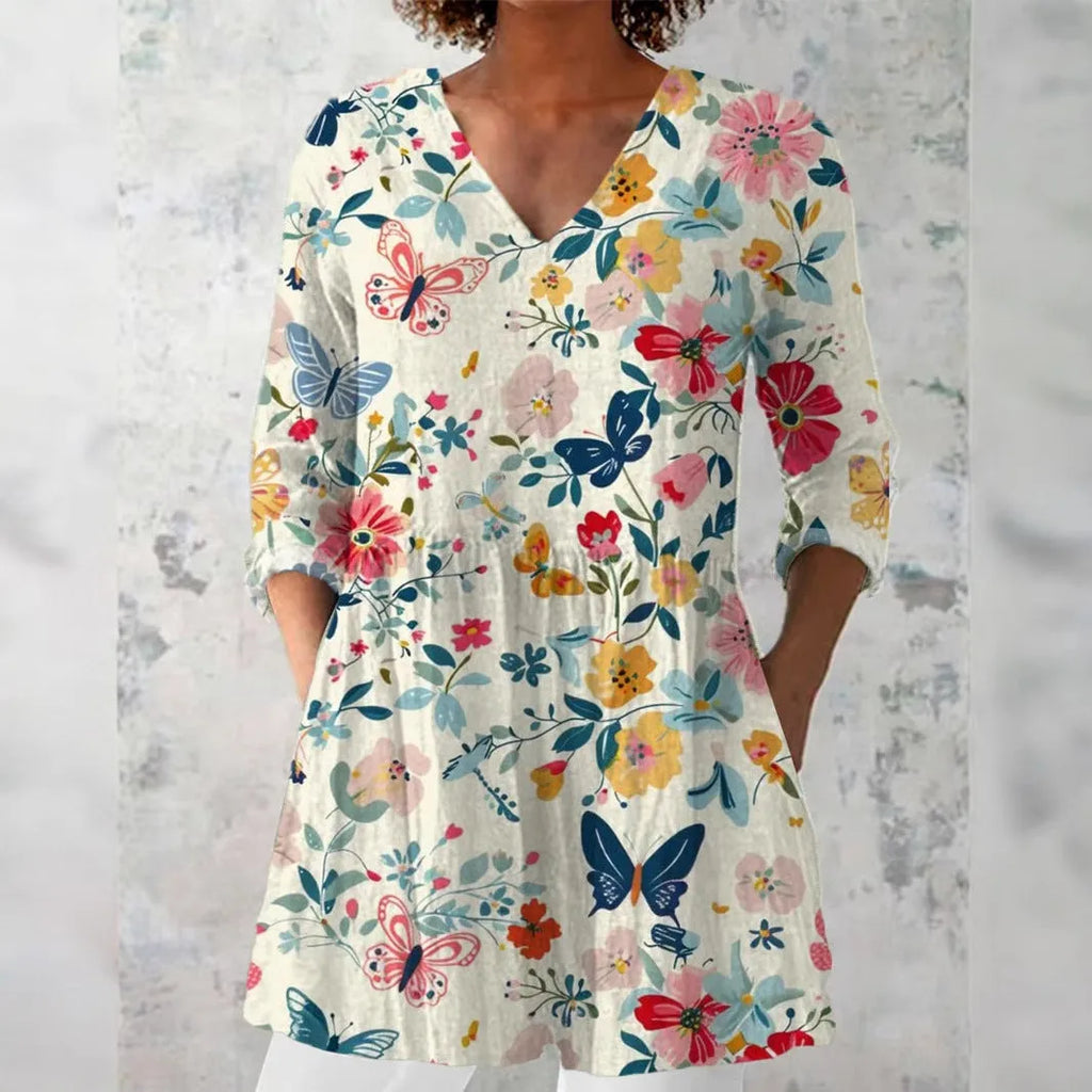 Women's slim-fit long-sleeve top with a retro digital print pattern in a colour style option.