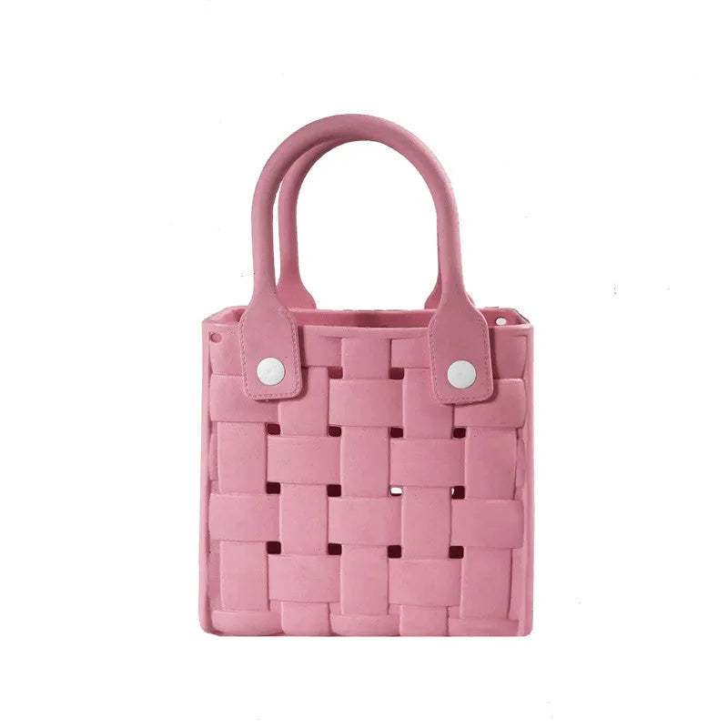 Light luxury minority beach messenger bag in pink, square vertical EVA woven design with double shoulder straps