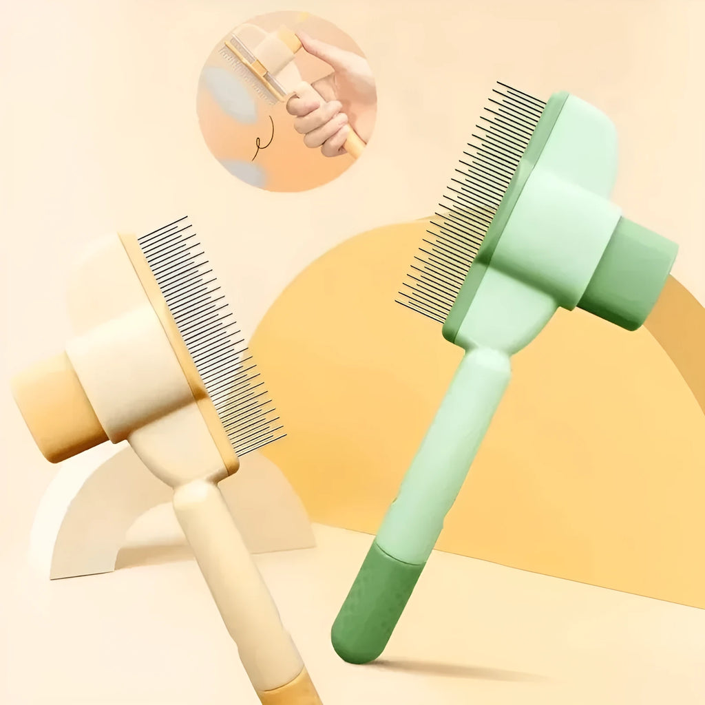 Green and yellow pet grooming brush for dogs with one-click hair removal system