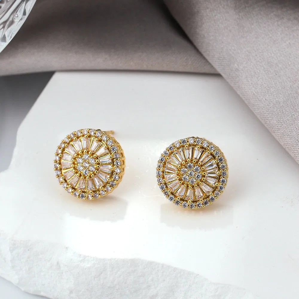 Round geometric pattern gold electroplated earrings with copper construction