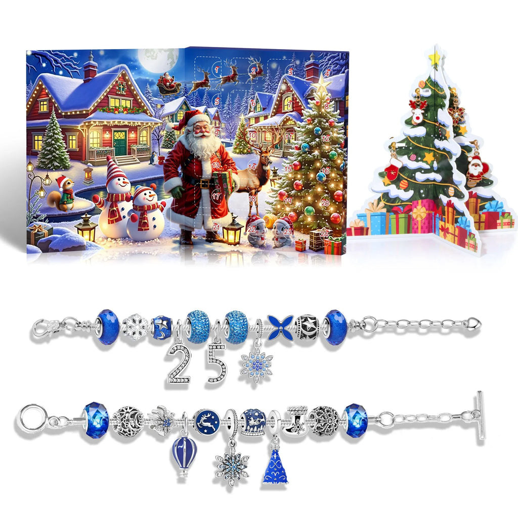 24 grid Christmas advent calendar countdown set with zinc alloy frame and bracelet blind box in blue colour