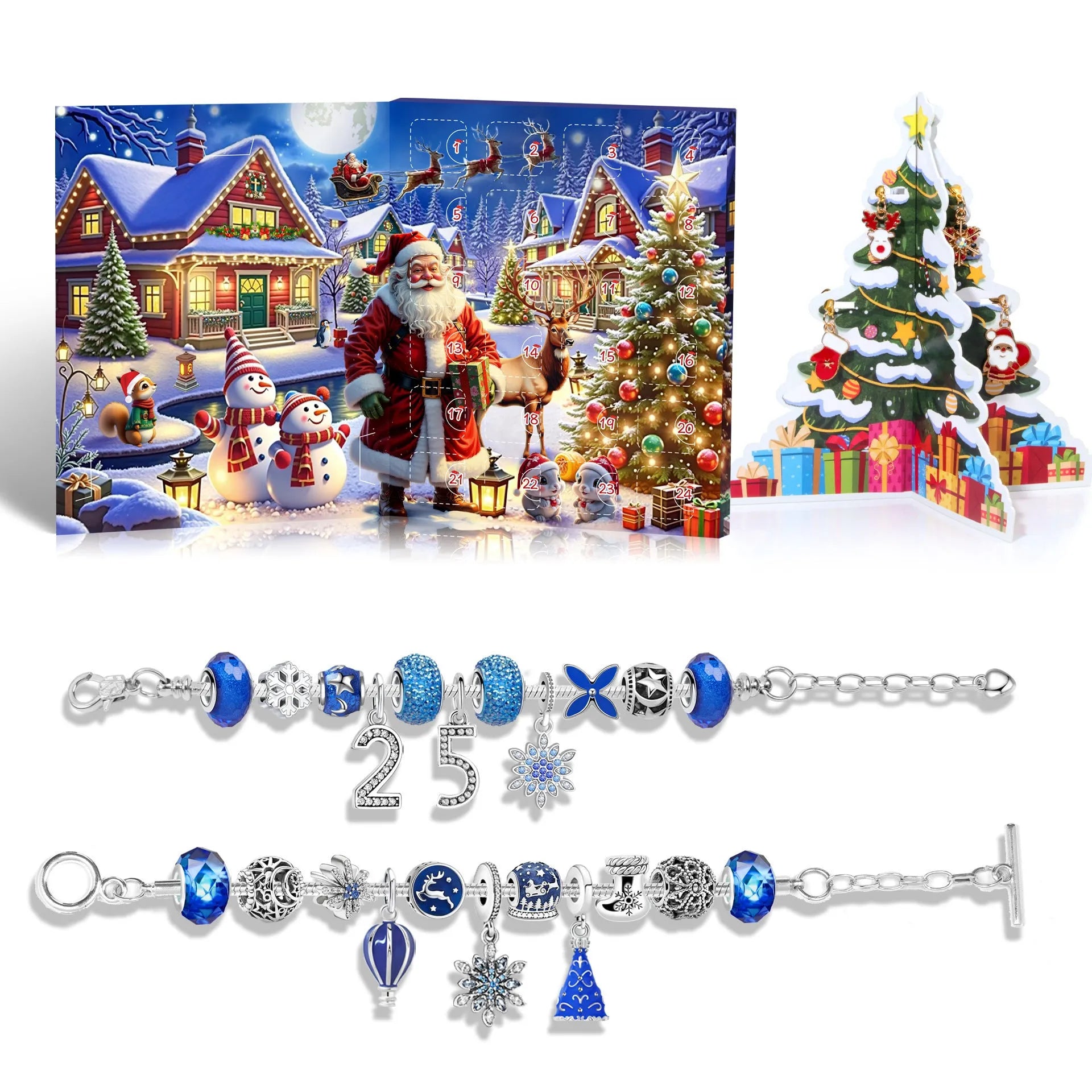 24 grid Christmas advent calendar countdown set with zinc alloy frame and bracelet blind box in blue colour