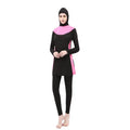 Conservative black women's swimsuit with long sleeves, a hood, and rose red trim.