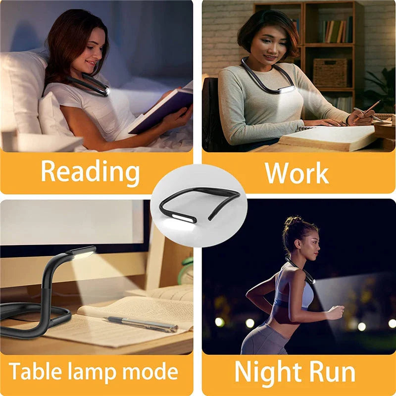 Adjustable hands-free neck reading light with rotatable lamp head, 3 color temperature settings, and ergonomic design for comfortable, customizable illumination